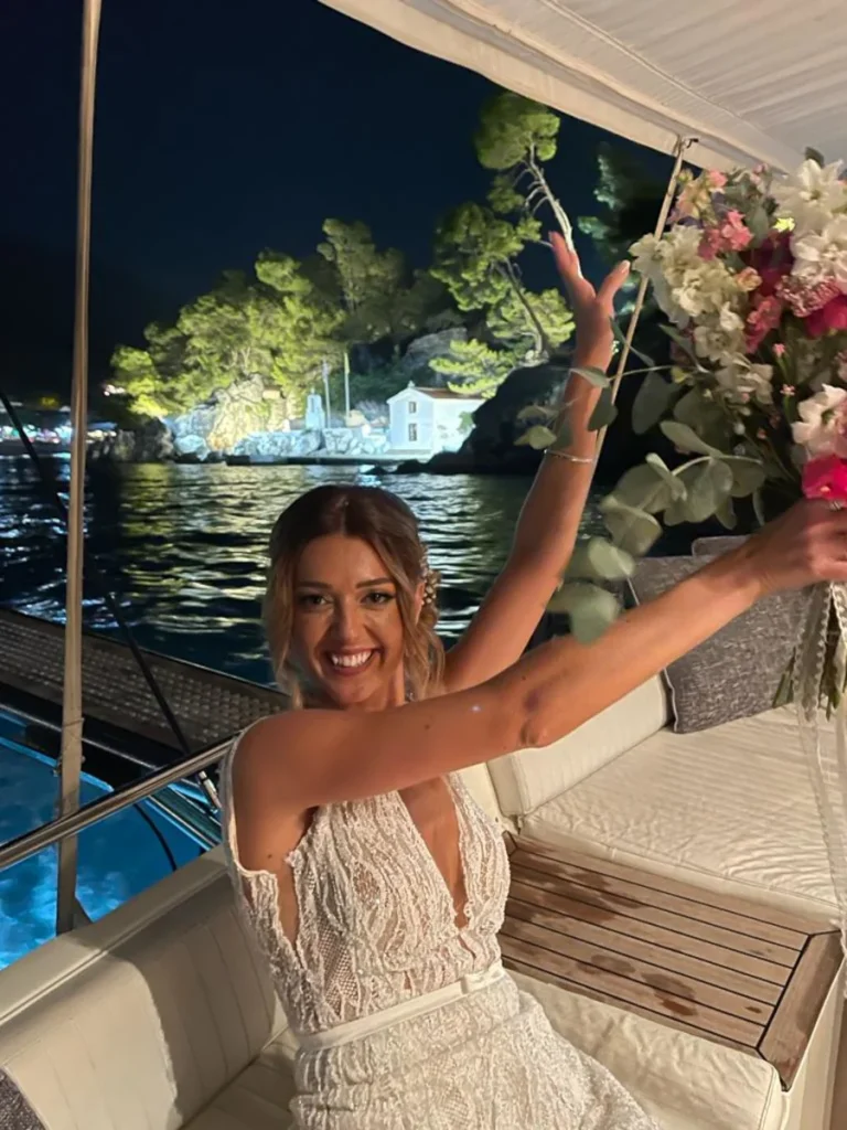 A bride on our islet chapel yacht cruise in Parga
